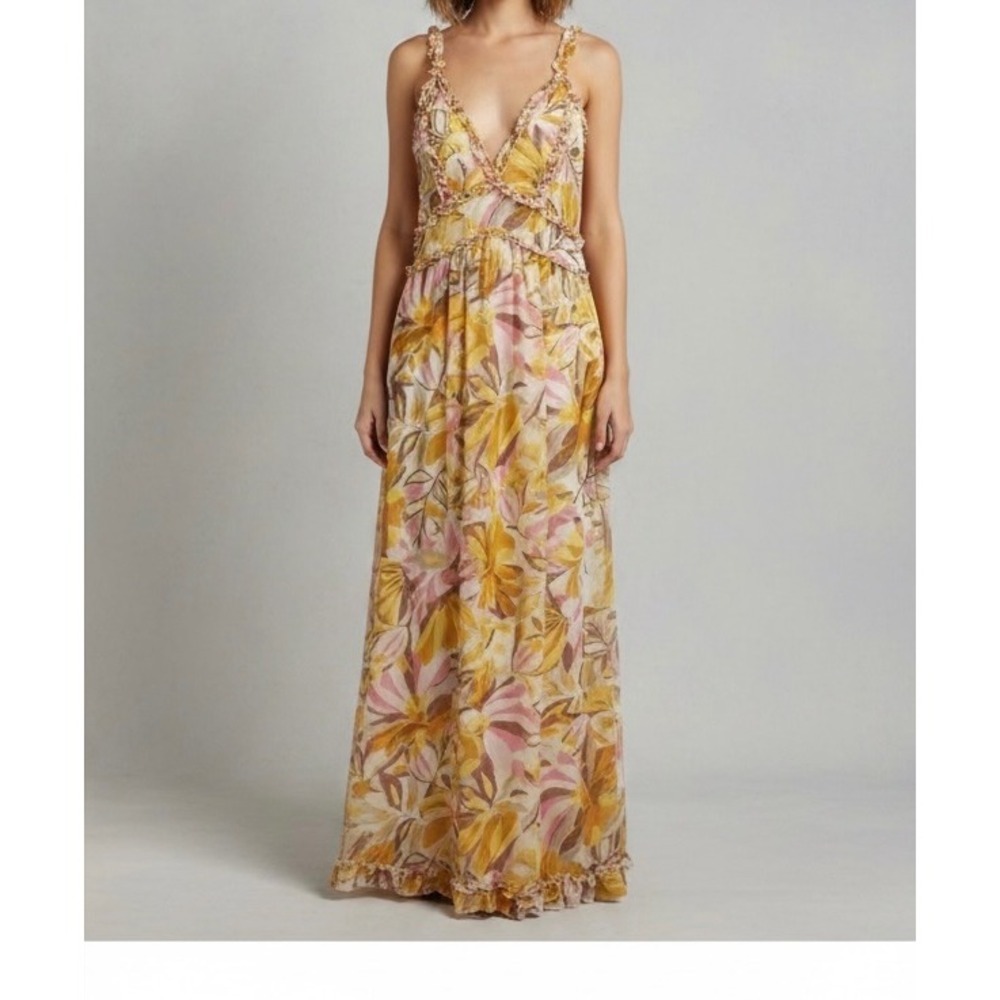 Moon Orchid Women's Floral Maxi Dress L Ruffle Adjustable Strap Flowy Summer